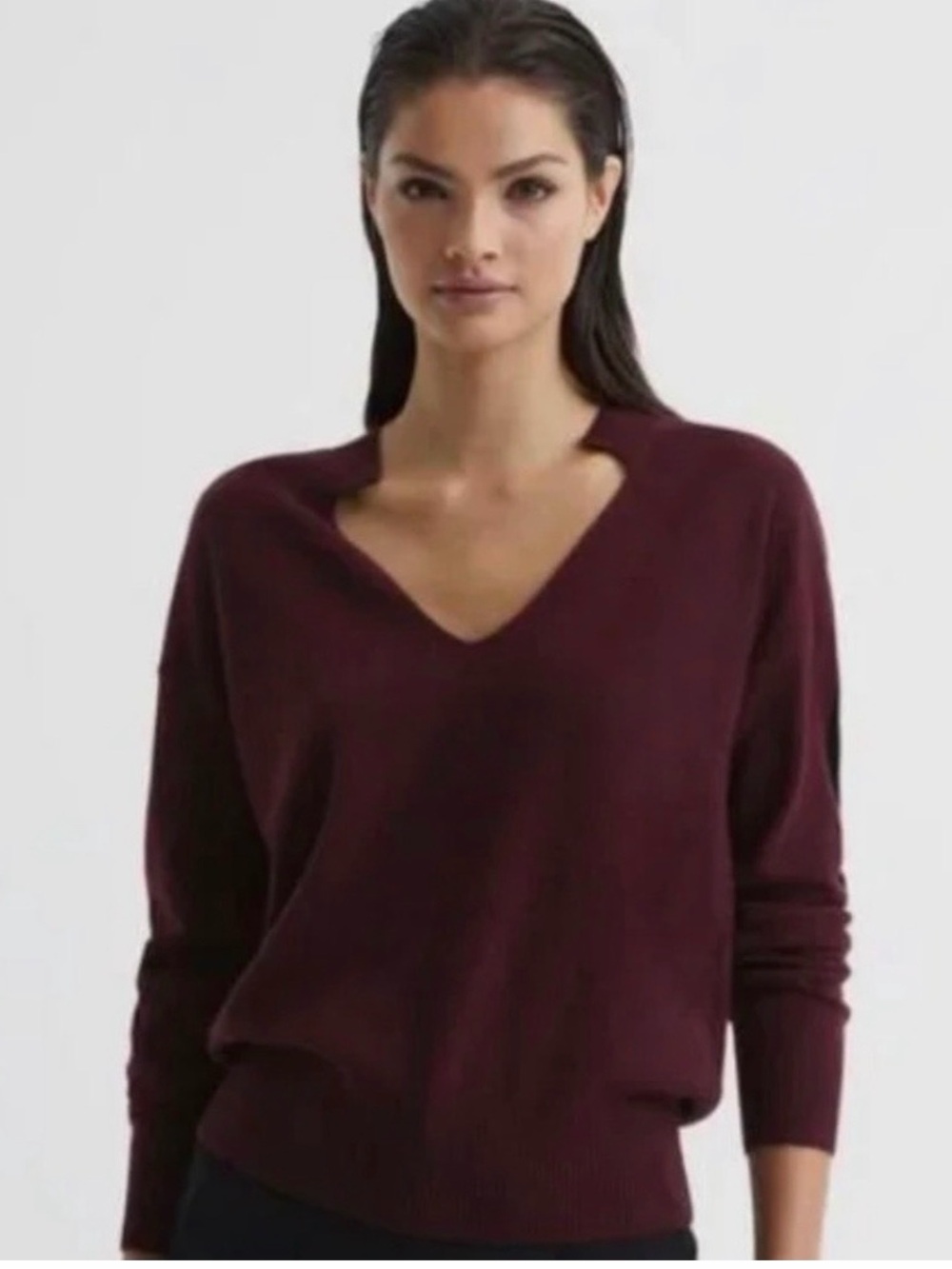 Reiss Wine V-Neck Knit Sweater with Black Sleeve Detail